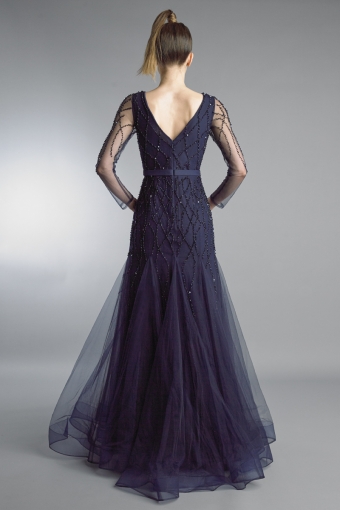 V neck long sleeve godet a line gown