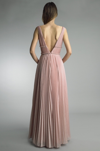 Pleated v neck evening gown