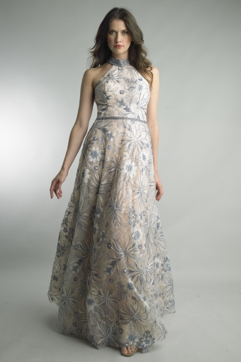 Embroidered Floral Halter Gown