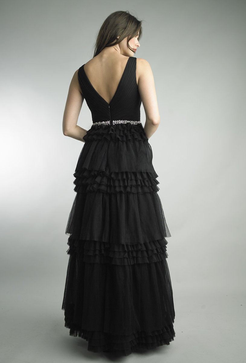 Crystal Belted Tiered Ruffle Gown