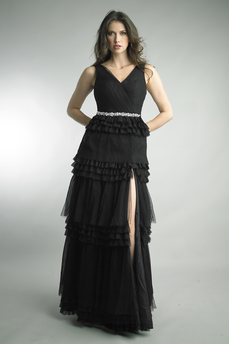 Crystal Belted Tiered Ruffle Gown