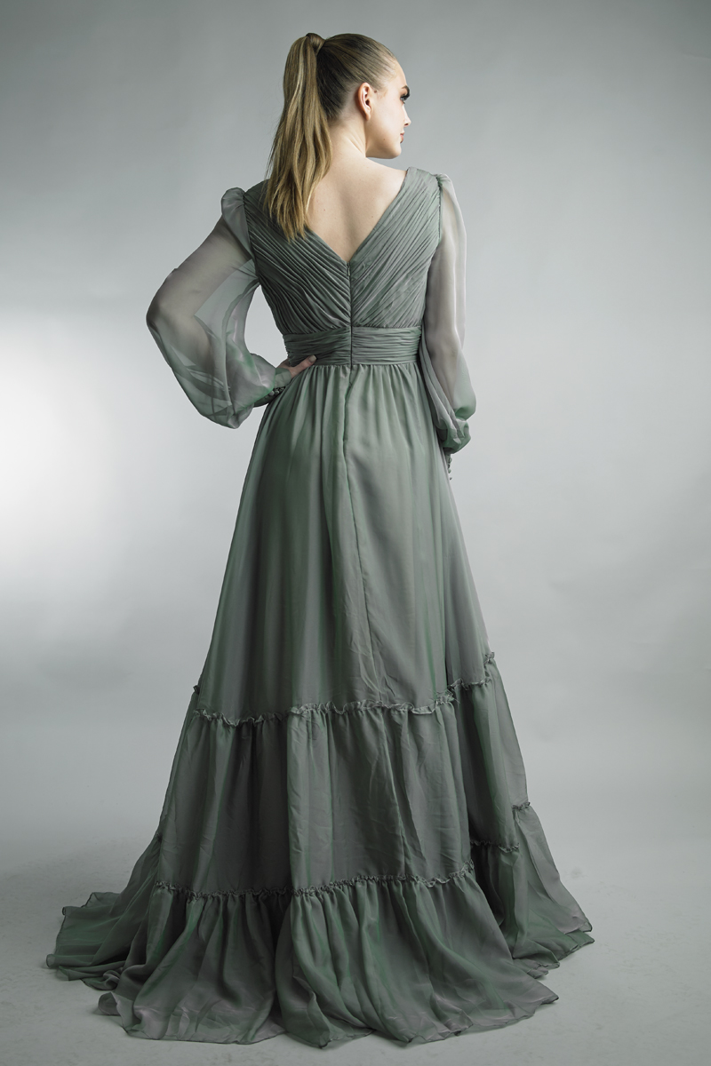 Ruched V-Neck Tiered Tulle Gown