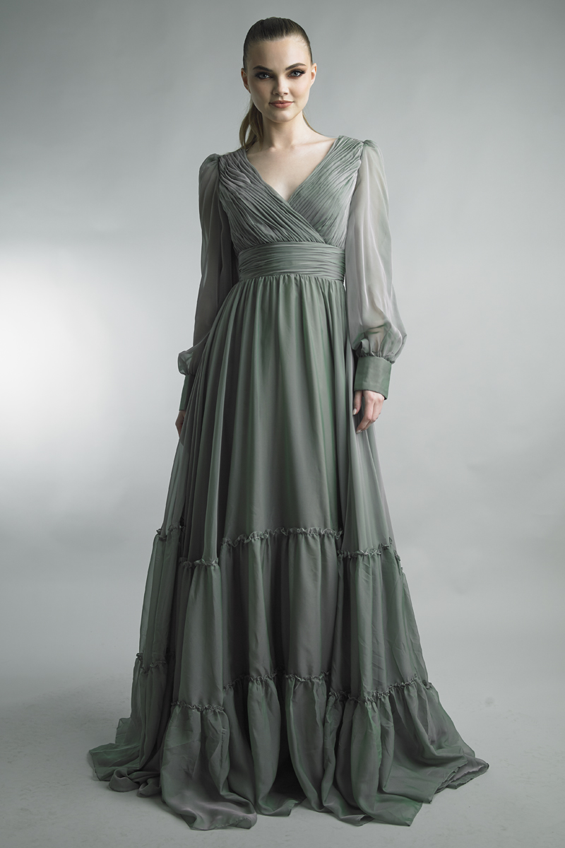 Ruched V-Neck Tiered Tulle Gown